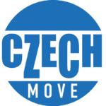 Modré kruhové logo s tučným velkým bílým písmem uprostřed a menším bílým písmem pod ním je slovo MOVE.