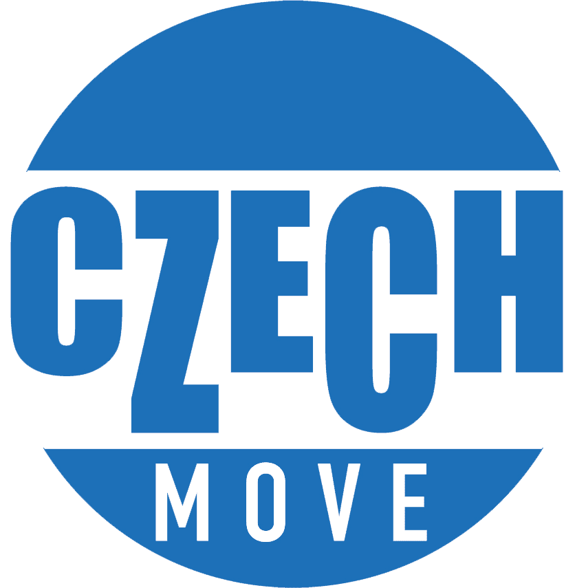 Modré kruhové logo s tučným velkým bílým písmem uprostřed a menším bílým písmem pod ním je slovo MOVE.