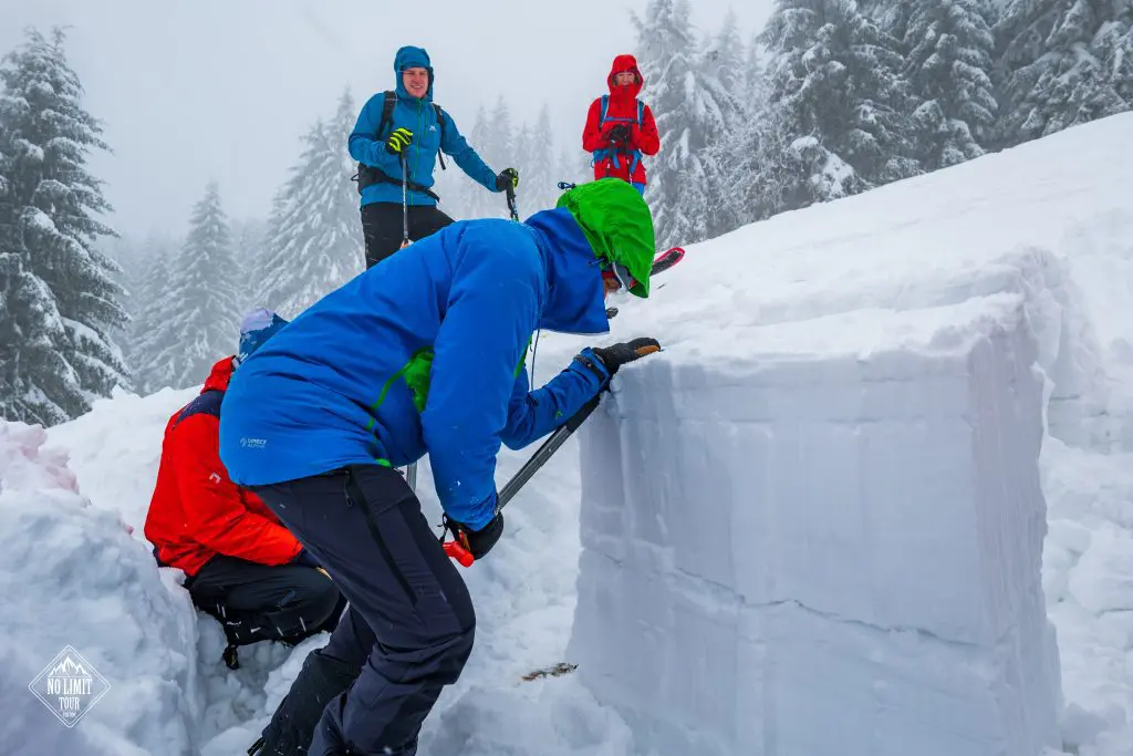 Čtyři lidé v zimní výstroji zkoumají sněhovou jámu v zasněžené zalesněné oblasti. Jedna osoba pozorně prohlíží sněhovou stěnu, pravděpodobně testuje lavinovou bezpečnost, zatímco ostatní ji pozorují v pozadí. Obklopují je zasněžené stromy.