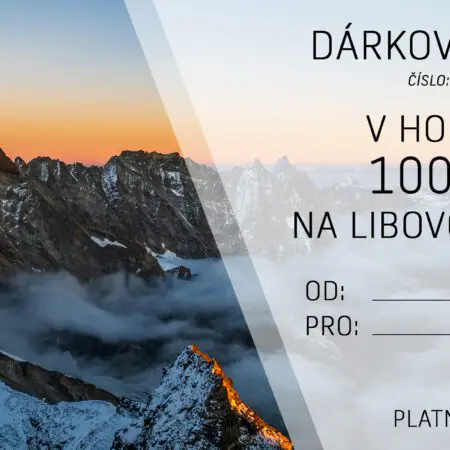 Dárkový poukaz v hodnotě 1000 Kč na libovolný kurz s kolonkami pro příjemce, odesílatele a data. Horská krajina se zasněženými vrcholky a východem slunce v pozadí. Včetně loga No Limit Tour a kontaktních údajů. Platnost do 31. 12. 2024.
