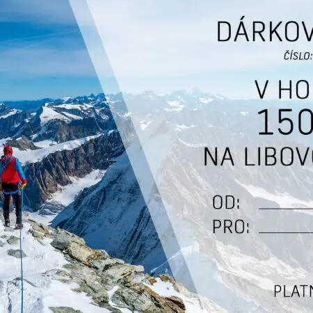 Dárkový poukaz na No Limit Tour v hodnotě 1500 Kč, na kterém je vyobrazen horolezec stojící na zasněženém horském hřebeni s panoramatickým výhledem na vzdálené vrcholy. Uvedena prázdná pole pro příjemce a datum platnosti.