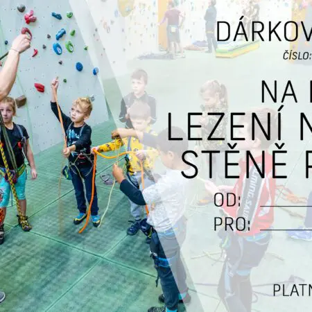 Dárkový poukaz na dětský indoorový kurz lezení. Instruktor ukazuje skupině dětí, jak používat lezecké vybavení v lezecké tělocvičně. Text obsahuje podrobnosti o poukazu a kontaktní údaje No Limit Tour. Platí do 31. 12. 2024.