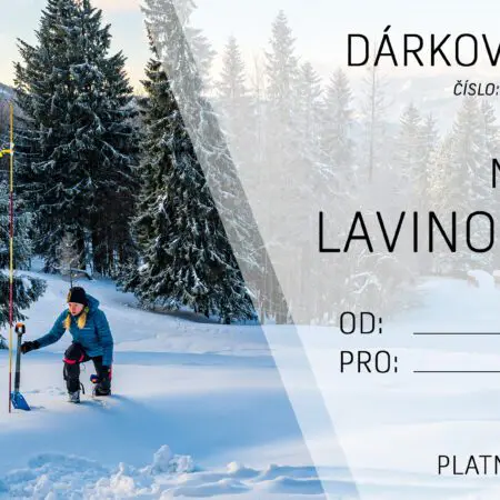 Dárkový poukaz na lavinový kurz od společnosti No Limit Tour, na kterém je zobrazena osoba v zimní výstroji s lyžařskými hůlkami v zasněžené krajině se stále zelenými stromy. Poukaz obsahuje místa pro údaje obdarovaného a platnost do 31. 12. 2024.