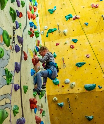 Dítě v sedacím úvazku a s horolezeckou výstrojí stoupá na vnitřní horolezeckou stěnu s barevnými chyty, soustředěně a pevně se drží. V pozadí jsou vidět další lezecké chyty a lana připevněná ke stěně.